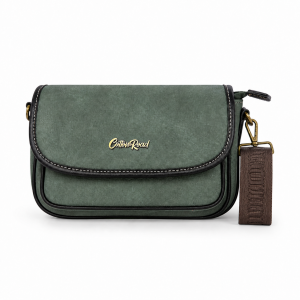 Faux Leather Flap Crossbody Purse with Contrast Stitching, Adjustable Patterned Shoulder Strap